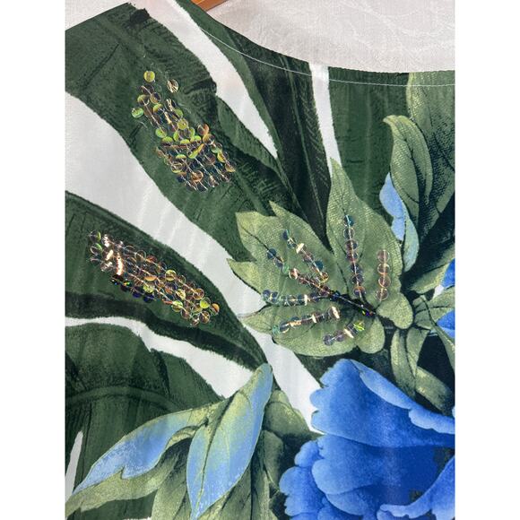 Chicos Top 3 XL White Blue Pink Big Floral Sequins Dolman Slv Boxy Palm Tropical - Picture 4 of 10